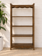 Load image into Gallery viewer, Image 1 of 5: Romina 4-Tier Bookcase in Brown Walnut with four open shelves, scalloped wave detailing, and rounded ball finials