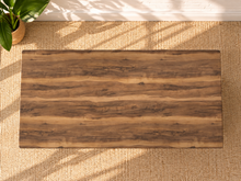 Load image into Gallery viewer, Image 3 of 4: Rubio 79-inch rectangular dining table in Natural Walnut with curved saber-leg trestle base and wood-look tabletop