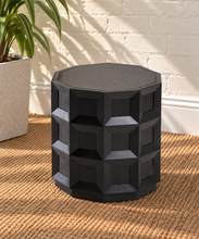 Load image into Gallery viewer, Rylan natural black geometric side table with polygonal top, recessed square panels and dimensional beveled wood detailing.