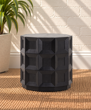 Load image into Gallery viewer, Rylan natural black geometric side table with polygonal top, recessed square panels and dimensional beveled wood detailing.