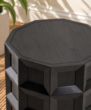 Load image into Gallery viewer, Rylan natural black geometric side table with polygonal top, recessed square panels and dimensional beveled wood detailing.