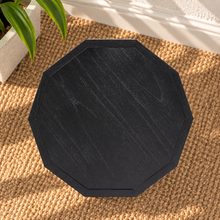 Load image into Gallery viewer, Rylan natural black geometric side table with polygonal top, recessed square panels and dimensional beveled wood detailing.