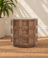 Load image into Gallery viewer, Rylan warm walnut geometric side table with faceted polygonal top, recessed wood panels and dimensional beveled detailing.