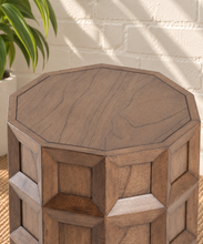 Load image into Gallery viewer, Rylan warm walnut geometric side table with faceted polygonal top, recessed wood panels and dimensional beveled detailing.