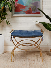 Load image into Gallery viewer, 1960s Vintage Mid Century Blue Tufted/ Gold Metal Frame Vanity Bench