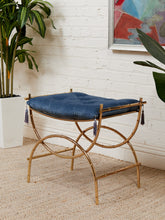 Load image into Gallery viewer, 1960s Vintage Mid Century Blue Tufted/ Gold Metal Frame Vanity Bench