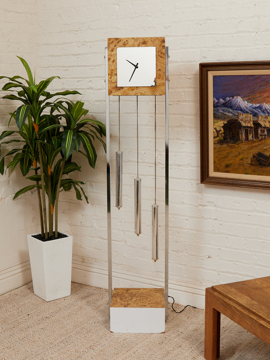Faux Burlwood 1970's Mid-Century Modern Grandfather Clock