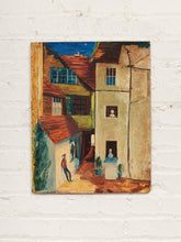Load image into Gallery viewer, Courtyard Scene Figurative Architectural Painting with Village Buildings by Evelyn M Bugbee