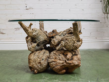 Load image into Gallery viewer, Petrified 1960s Brown Wood Coffee Table Glass Top