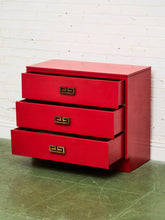 Load image into Gallery viewer, Mid-century modern Hollywood Regency Red three Drawer Chest