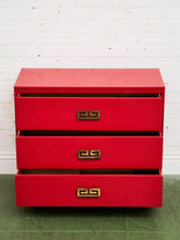 Load image into Gallery viewer, Mid-century modern Hollywood Regency Red three Drawer Chest