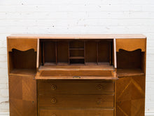 Load image into Gallery viewer, Circa 1910 English Art Nouveau Style Oak Side by Side Cannon Ball Feet Drop Front Secretary
