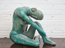 Load image into Gallery viewer, 1950+ Hand Made Painted Teak Wood SculptureOrigin- Thailand Female Nude Figural Form - Green Tone on Wood Seated Deep Thought