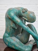 Load image into Gallery viewer, 1950+ Hand Made Painted Teak Wood SculptureOrigin- Thailand Female Nude Figural Form - Green Tone on Wood Seated Deep Thought