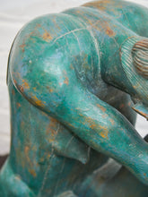 Load image into Gallery viewer, 1950+ Hand Made Painted Teak Wood SculptureOrigin- Thailand Female Nude Figural Form - Green Tone on Wood Seated Deep Thought