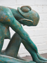 Load image into Gallery viewer, 1950+ Hand Made Painted Teak Wood SculptureOrigin- Thailand Female Nude Figural Form - Green Tone on Wood Seated Deep Thought