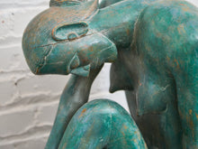 Load image into Gallery viewer, 1950+ Hand Made Painted Teak Wood SculptureOrigin- Thailand Female Nude Figural Form - Green Tone on Wood Seated Deep Thought