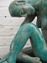 Load image into Gallery viewer, 1950+ Hand Made Painted Teak Wood SculptureOrigin- Thailand Female Nude Figural Form - Green Tone on Wood Seated Deep Thought