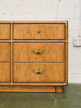 Load image into Gallery viewer, Drexel Campaign Mid Century Pecan and Brass 9 Drawer Long Dresser