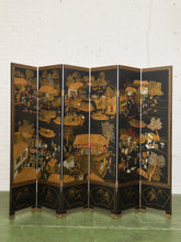 Load image into Gallery viewer, Black Lacquered Wood Gilt Paint and Enamel Antique Chinese Screen