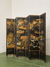 Load image into Gallery viewer, Black Lacquered Wood Gilt Paint and Enamel Antique Chinese Screen