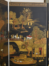Load image into Gallery viewer, Black Lacquered Wood Gilt Paint and Enamel Antique Chinese Screen