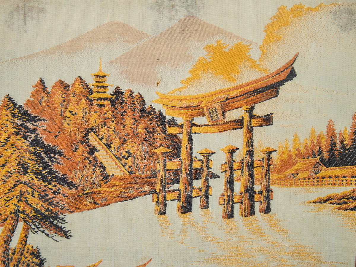 Vintage Japan Silk Hand Embroidered Tapestry Torii Shinto Shrine