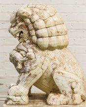 Load image into Gallery viewer, Pair of Monumental Carved Ox Bone Guardian Lions on Plinths
