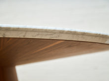 Load image into Gallery viewer, 63” Walnut Base Marble Top Pedestal Base Dining Table