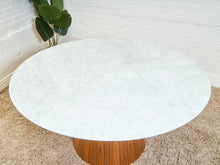 Load image into Gallery viewer, 63” Walnut Base Marble Top Pedestal Base Dining Table