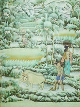 Load image into Gallery viewer, Framed Balinese Watercolor Painting of Rice Farmers on Silk
