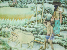 Load image into Gallery viewer, Framed Balinese Watercolor Painting of Rice Farmers on Silk
