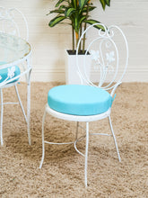 Load image into Gallery viewer, Vintage Wrought Iron Patio Dining Table with Leaf Motif Aqua Cushions and Glass Top