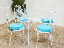 Load image into Gallery viewer, Vintage Wrought Iron Patio Dining Table with Leaf Motif Aqua Cushions and Glass Top