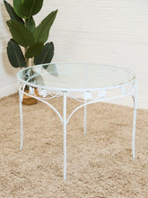 Load image into Gallery viewer, Vintage Wrought Iron Patio Dining Table with Leaf Motif Aqua Cushions and Glass Top