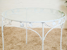 Load image into Gallery viewer, Vintage Wrought Iron Patio Dining Table with Leaf Motif Aqua Cushions and Glass Top