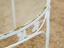Load image into Gallery viewer, Vintage Wrought Iron Patio Dining Table with Leaf Motif Aqua Cushions and Glass Top