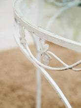 Load image into Gallery viewer, Vintage Wrought Iron Patio Dining Table with Leaf Motif Aqua Cushions and Glass Top