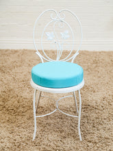 Load image into Gallery viewer, Vintage Wrought Iron Patio Dining Table with Leaf Motif Aqua Cushions and Glass Top