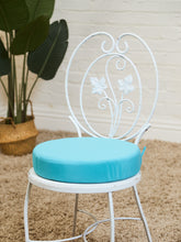 Load image into Gallery viewer, Vintage Wrought Iron Patio Dining Table with Leaf Motif Aqua Cushions and Glass Top