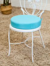 Load image into Gallery viewer, Vintage Wrought Iron Patio Dining Table with Leaf Motif Aqua Cushions and Glass Top