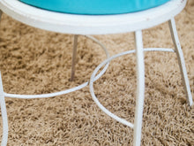 Load image into Gallery viewer, Vintage Wrought Iron Patio Dining Table with Leaf Motif Aqua Cushions and Glass Top