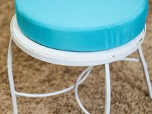 Load image into Gallery viewer, Vintage Wrought Iron Patio Dining Table with Leaf Motif Aqua Cushions and Glass Top