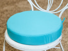 Load image into Gallery viewer, Vintage Wrought Iron Patio Dining Table with Leaf Motif Aqua Cushions and Glass Top