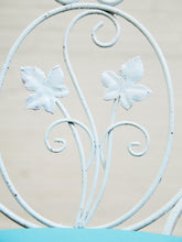 Load image into Gallery viewer, Vintage Wrought Iron Patio Dining Table with Leaf Motif Aqua Cushions and Glass Top