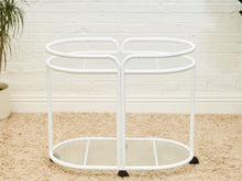 Load image into Gallery viewer, Post Modern Powder-Coated White Rolling Bar Cart with Glass Shelves