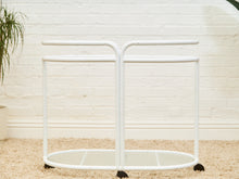 Load image into Gallery viewer, Post Modern Powder-Coated White Rolling Bar Cart with Glass Shelves