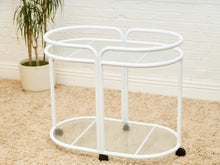 Load image into Gallery viewer, Post Modern Powder-Coated White Rolling Bar Cart with Glass Shelves