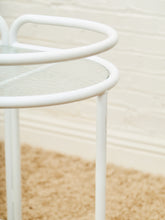 Load image into Gallery viewer, Post Modern Powder-Coated White Rolling Bar Cart with Glass Shelves