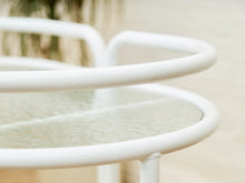 Load image into Gallery viewer, Post Modern Powder-Coated White Rolling Bar Cart with Glass Shelves